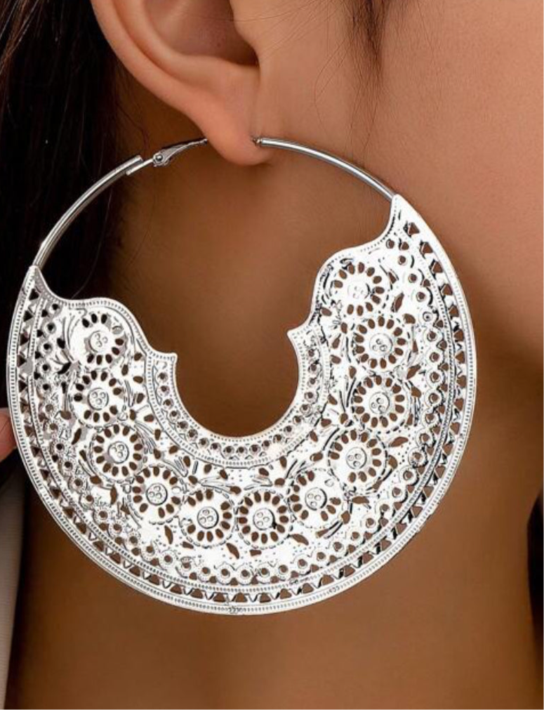 SILVER VINTAGE GEOMETRIC XL HOOP EARRINGS