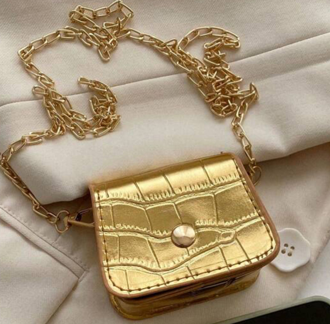 MINI CROCODILE PRINT GOLD CHAIN POUCH